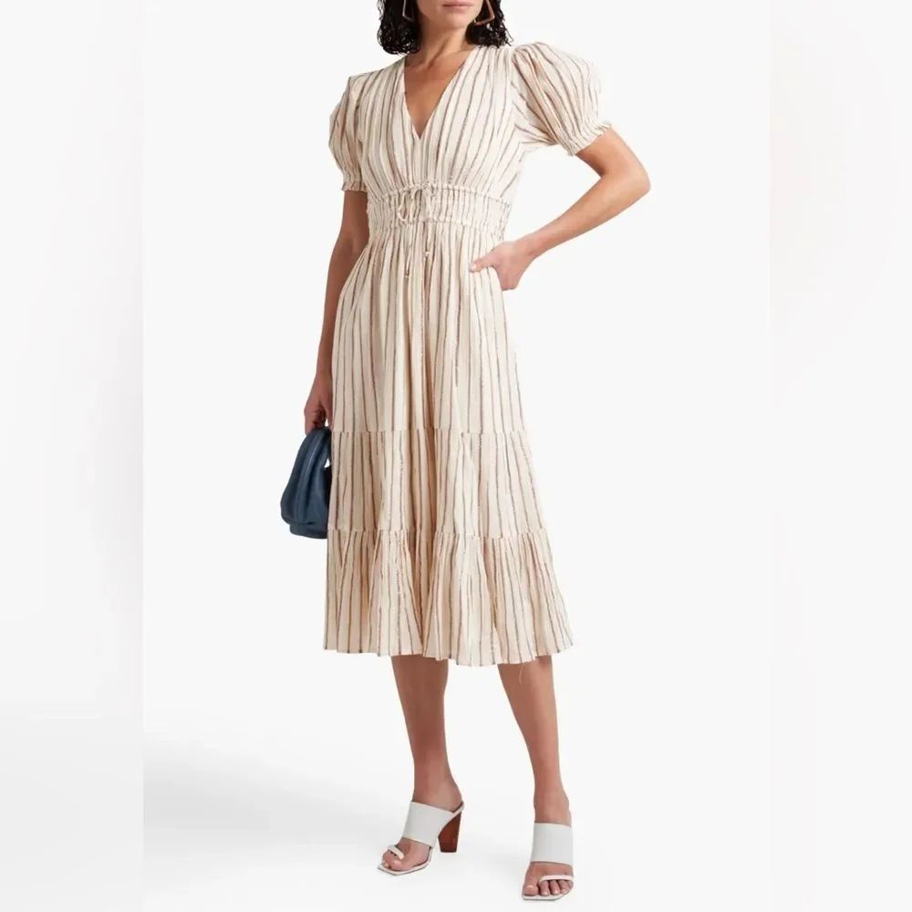 Ulla Johnson Zaria Lurex Metallic Stripe Puff Sleeve Midi Dress Size 2